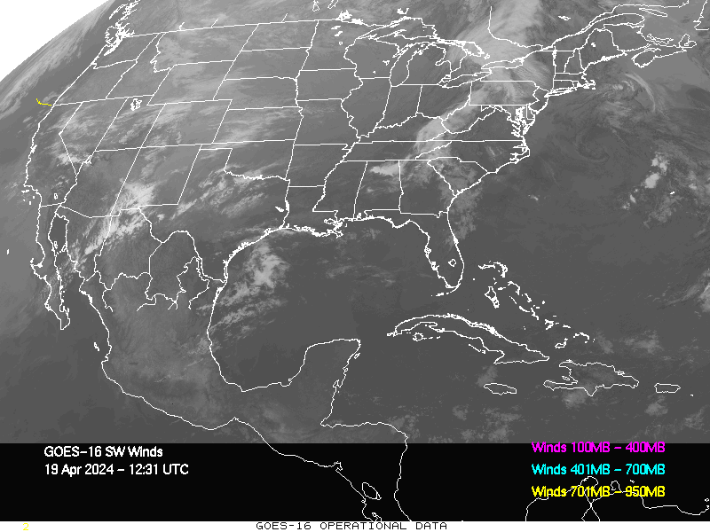 GOES-16 Short Wave Infrared Derived Winds - CONUS - 04/19/2024 - 1231 GMT