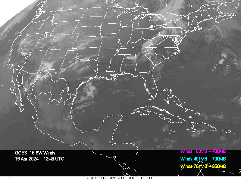 GOES-16 Short Wave Infrared Derived Winds - CONUS - 04/19/2024 - 1246 GMT