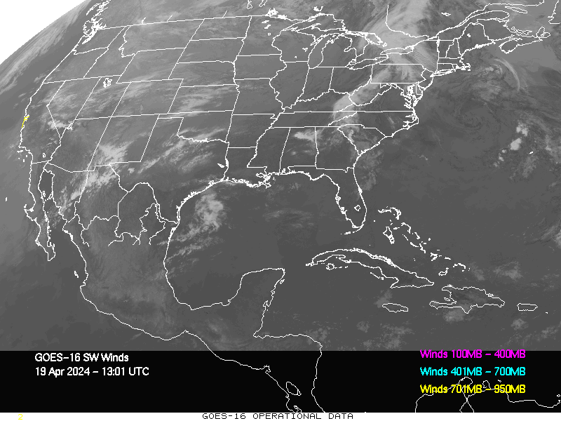 GOES-16 Short Wave Infrared Derived Winds - CONUS - 04/19/2024 - 1301 GMT