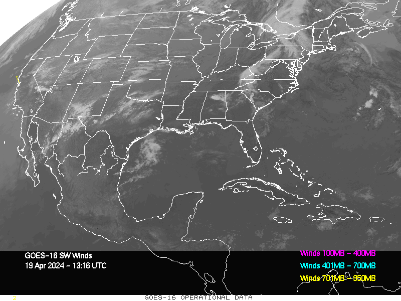 GOES-16 Short Wave Infrared Derived Winds - CONUS - 04/19/2024 - 1316 GMT