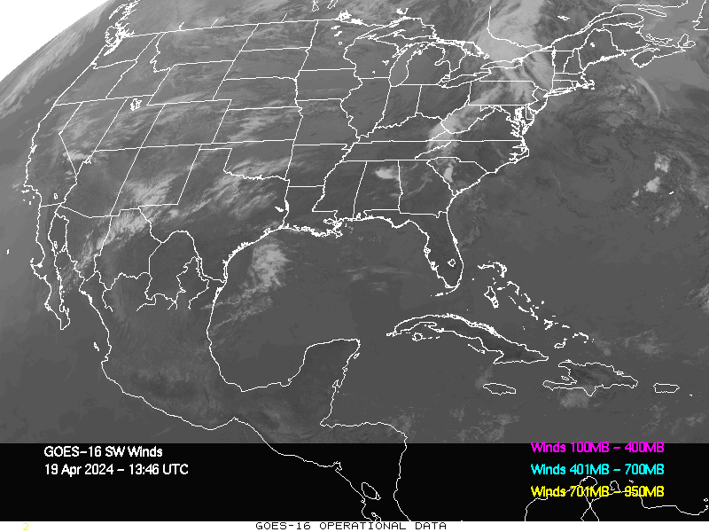 GOES-16 Short Wave Infrared Derived Winds - CONUS - 04/19/2024 - 1346 GMT