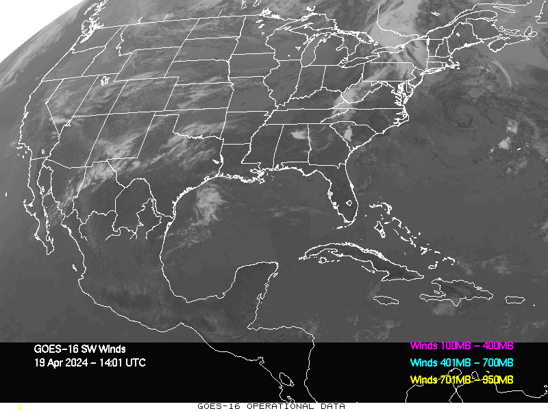 GOES-16 Short Wave Infrared Derived Winds - CONUS - 04/19/2024 - 1401 GMT