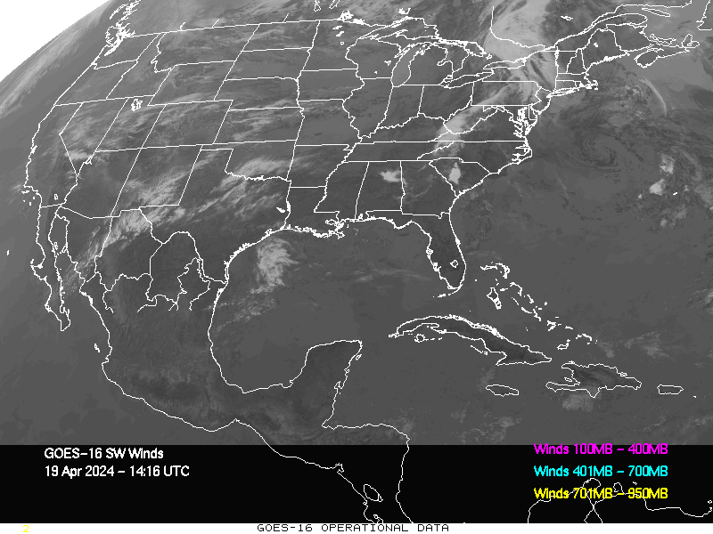 GOES-16 Short Wave Infrared Derived Winds - CONUS - 04/19/2024 - 1416 GMT