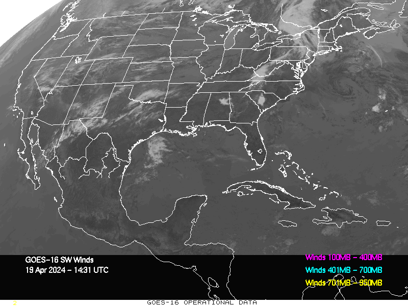 GOES-16 Short Wave Infrared Derived Winds - CONUS - 04/19/2024 - 1431 GMT