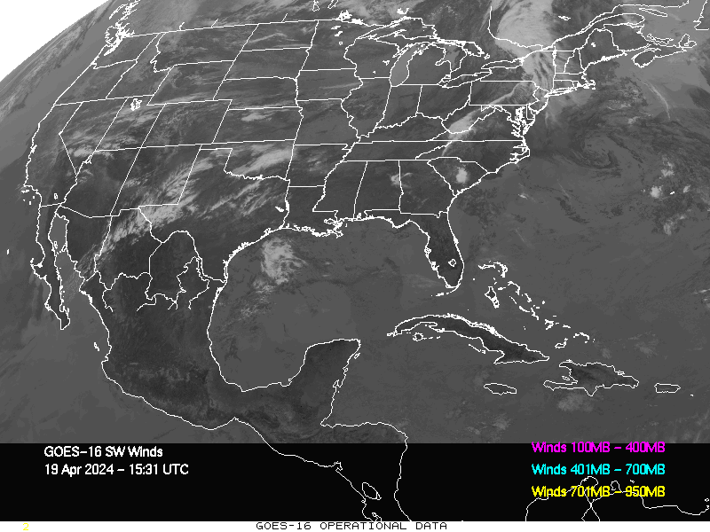 GOES-16 Short Wave Infrared Derived Winds - CONUS - 04/19/2024 - 1531 GMT