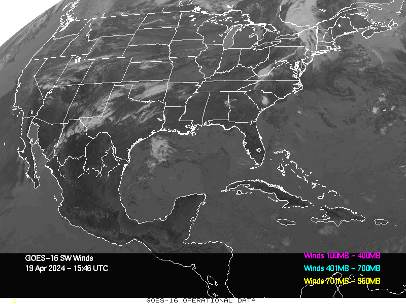 GOES-16 Short Wave Infrared Derived Winds - CONUS - 04/19/2024 - 1546 GMT