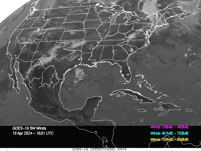 GOES-16 Short Wave Infrared Derived Winds - CONUS - 04/19/2024 - 1601 GMT