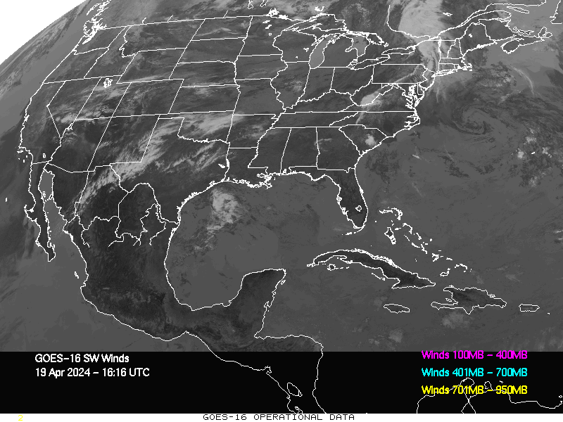 GOES-16 Short Wave Infrared Derived Winds - CONUS - 04/19/2024 - 1616 GMT