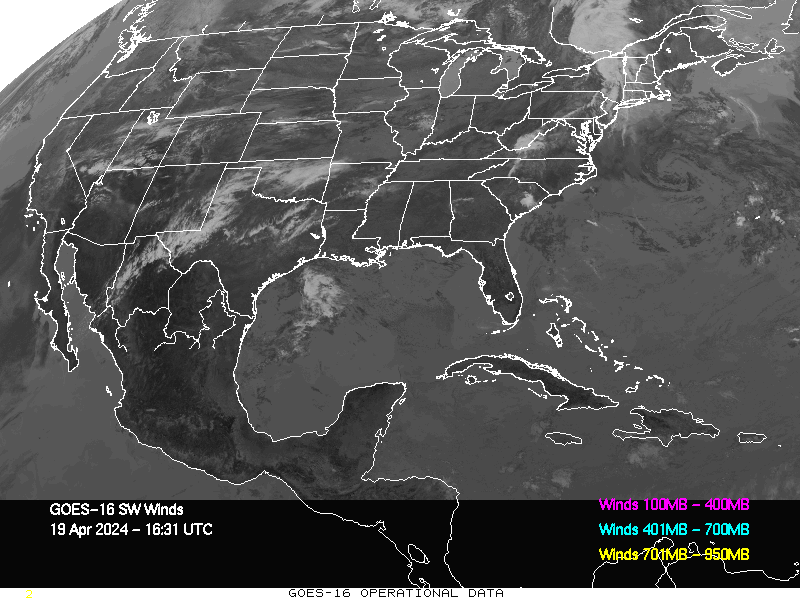 GOES-16 Short Wave Infrared Derived Winds - CONUS - 04/19/2024 - 1631 GMT
