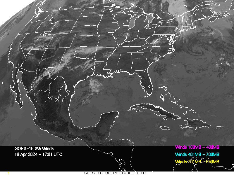 GOES-16 Short Wave Infrared Derived Winds - CONUS - 04/19/2024 - 1701 GMT
