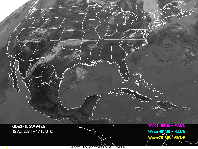 GOES-16 Short Wave Infrared Derived Winds - CONUS - 04/19/2024 - 1716 GMT