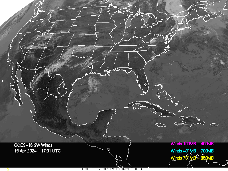 GOES-16 Short Wave Infrared Derived Winds - CONUS - 04/19/2024 - 1731 GMT