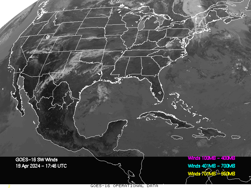 GOES-16 Short Wave Infrared Derived Winds - CONUS - 04/19/2024 - 1746 GMT