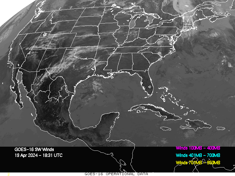 GOES-16 Short Wave Infrared Derived Winds - CONUS - 04/19/2024 - 1831 GMT