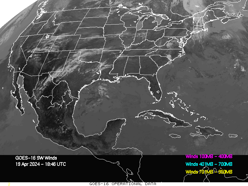GOES-16 Short Wave Infrared Derived Winds - CONUS - 04/19/2024 - 1846 GMT