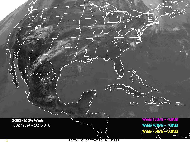 GOES-16 Short Wave Infrared Derived Winds - CONUS - 04/19/2024 - 2016 GMT