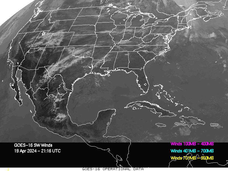 GOES-16 Short Wave Infrared Derived Winds - CONUS - 04/19/2024 - 2116 GMT