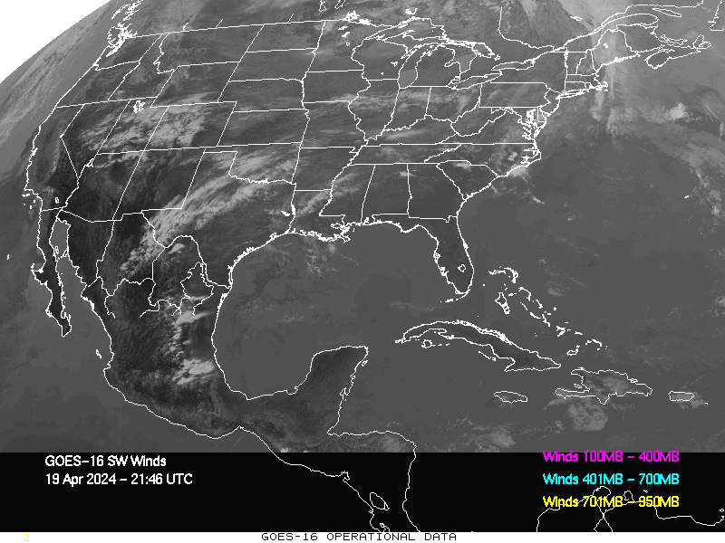 GOES-16 Short Wave Infrared Derived Winds - CONUS - 04/19/2024 - 2146 GMT