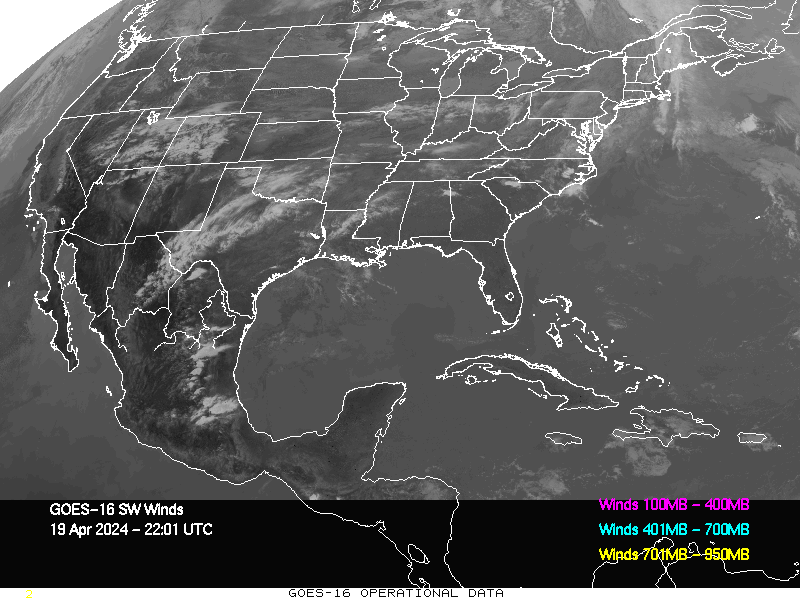GOES-16 Short Wave Infrared Derived Winds - CONUS - 04/19/2024 - 2201 GMT