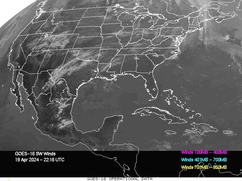 GOES-16 Short Wave Infrared Derived Winds - CONUS - 04/19/2024 - 2216 GMT