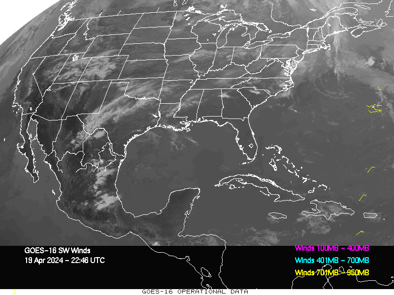 GOES-16 Short Wave Infrared Derived Winds - CONUS - 04/19/2024 - 2246 GMT