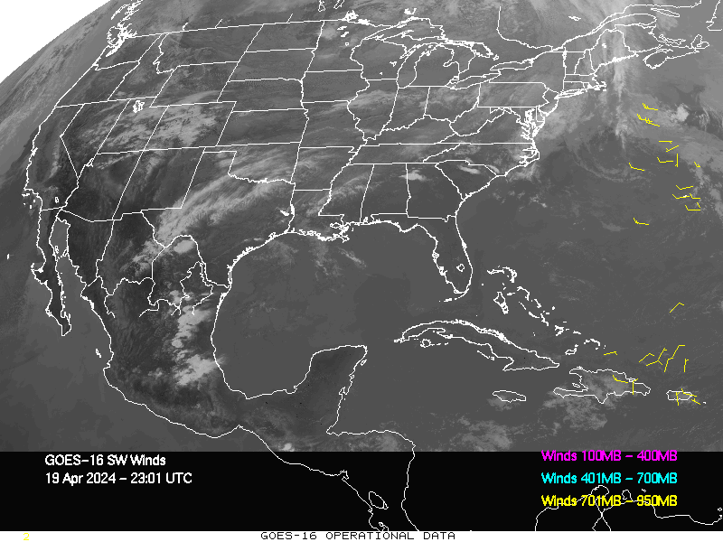 GOES-16 Short Wave Infrared Derived Winds - CONUS - 04/19/2024 - 2301 GMT