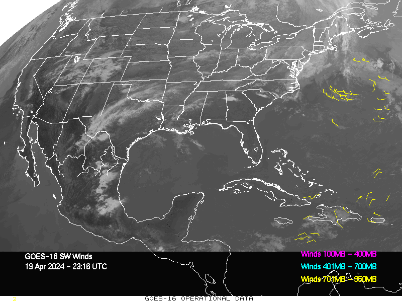 GOES-16 Short Wave Infrared Derived Winds - CONUS - 04/19/2024 - 2316 GMT