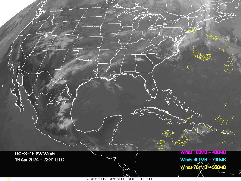 GOES-16 Short Wave Infrared Derived Winds - CONUS - 04/19/2024 - 2331 GMT