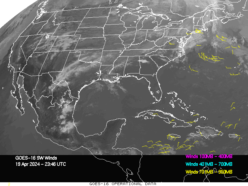 GOES-16 Short Wave Infrared Derived Winds - CONUS - 04/19/2024 - 2346 GMT