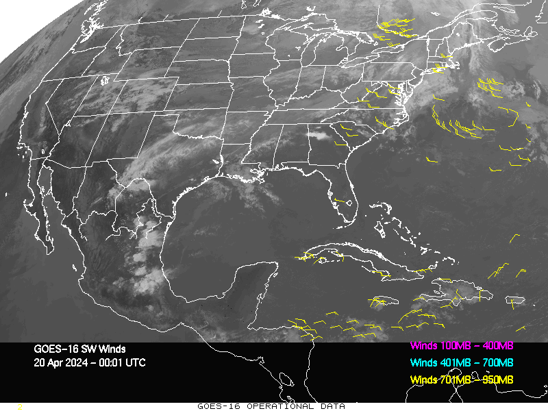 GOES-16 Short Wave Infrared Derived Winds - CONUS - 04/20/2024 - 0001 GMT