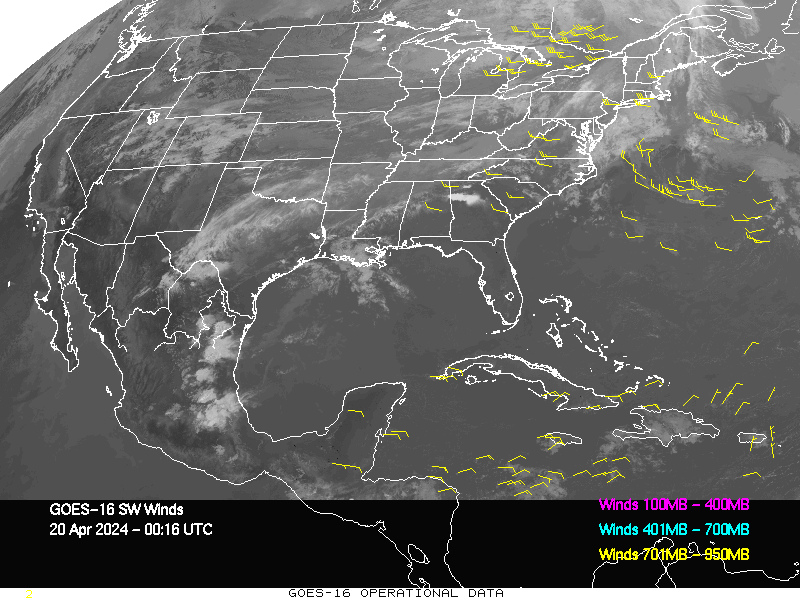 GOES-16 Short Wave Infrared Derived Winds - CONUS - 04/20/2024 - 0016 GMT