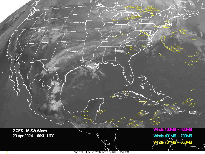 GOES-16 Short Wave Infrared Derived Winds - CONUS - 04/20/2024 - 0031 GMT