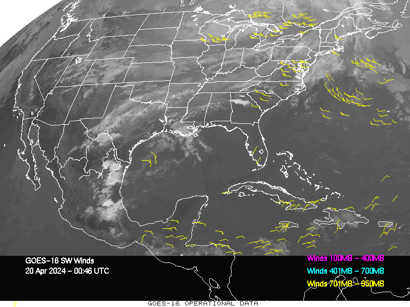 GOES-16 Short Wave Infrared Derived Winds - CONUS - 04/20/2024 - 0046 GMT
