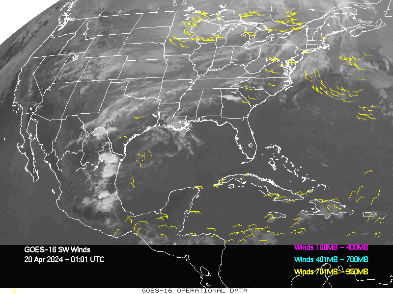 GOES-16 Short Wave Infrared Derived Winds - CONUS - 04/20/2024 - 0101 GMT