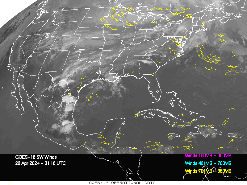 GOES-16 Short Wave Infrared Derived Winds - CONUS - 04/20/2024 - 0116 GMT