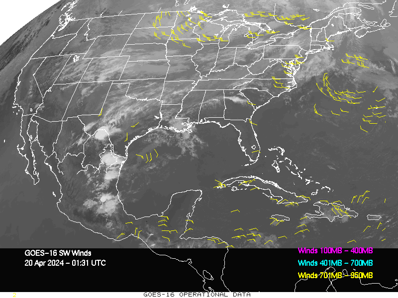 GOES-16 Short Wave Infrared Derived Winds - CONUS - 04/20/2024 - 0131 GMT