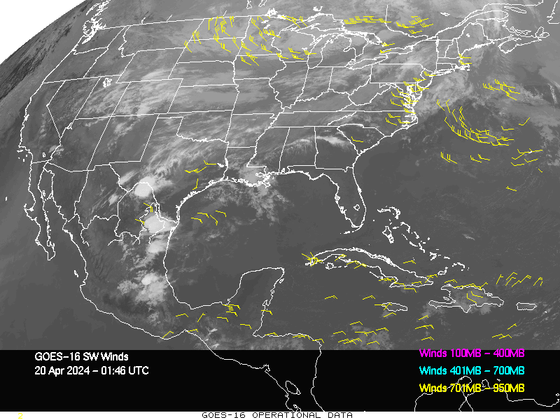 GOES-16 Short Wave Infrared Derived Winds - CONUS - 04/20/2024 - 0146 GMT