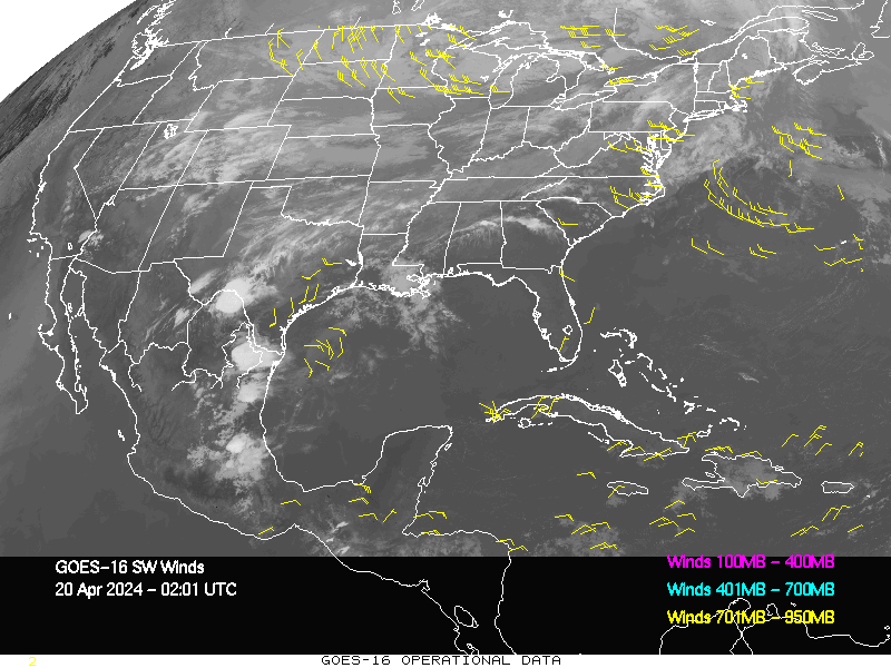 GOES-16 Short Wave Infrared Derived Winds - CONUS - 04/20/2024 - 0201 GMT