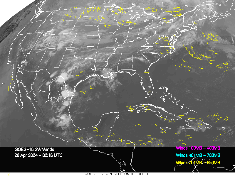 GOES-16 Short Wave Infrared Derived Winds - CONUS - 04/20/2024 - 0216 GMT
