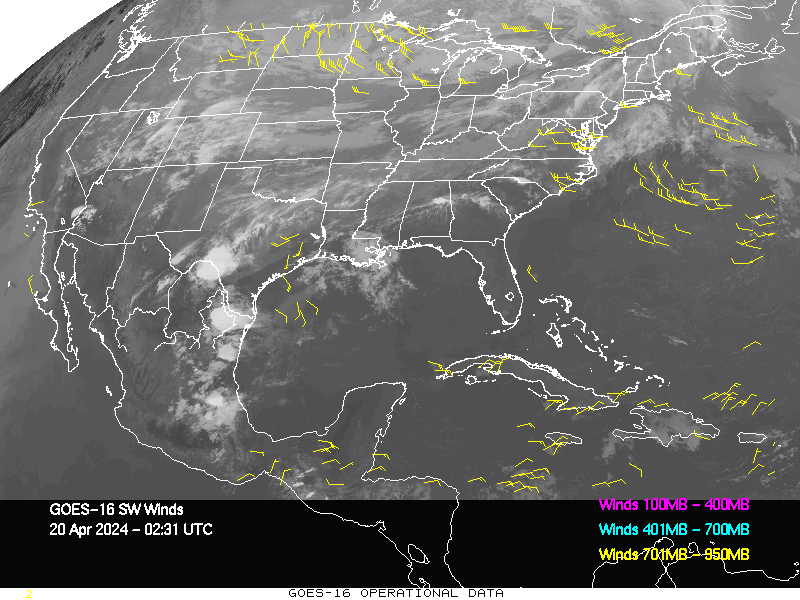 GOES-16 Short Wave Infrared Derived Winds - CONUS - 04/20/2024 - 0231 GMT