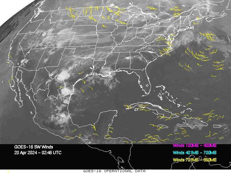 GOES-16 Short Wave Infrared Derived Winds - CONUS - 04/20/2024 - 0246 GMT