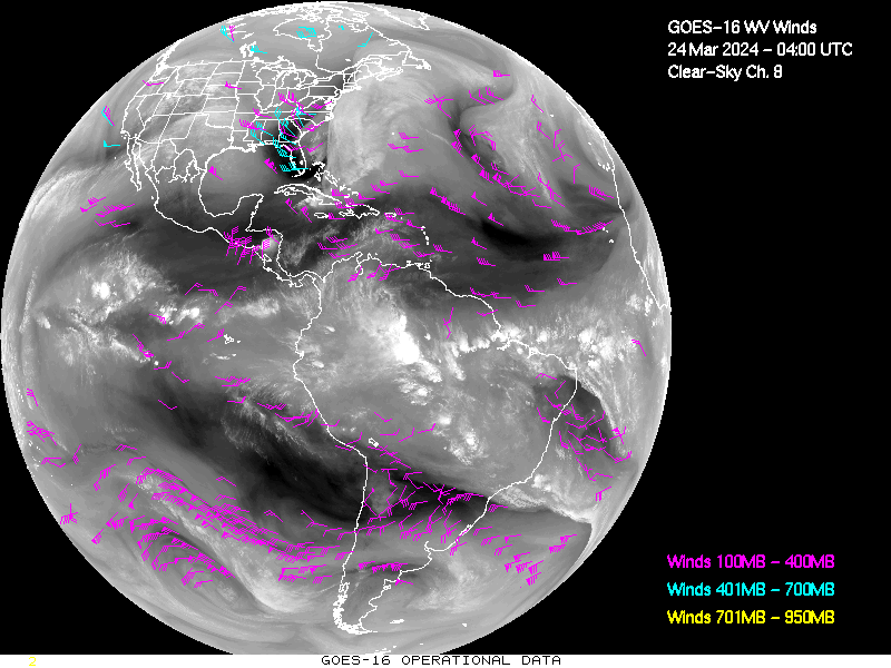 GOES-16 Clear Sky WV Channel 8 Derived Winds - Full Disk - 03/24/2024 - 0400 GMT