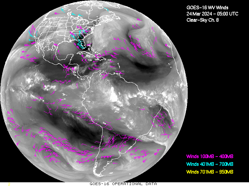 GOES-16 Clear Sky WV Channel 8 Derived Winds - Full Disk - 03/24/2024 - 0500 GMT