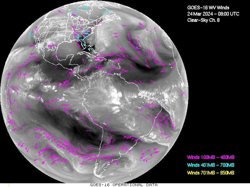 GOES-16 Clear Sky WV Channel 8 Derived Winds - Full Disk - 03/24/2024 - 0800 GMT