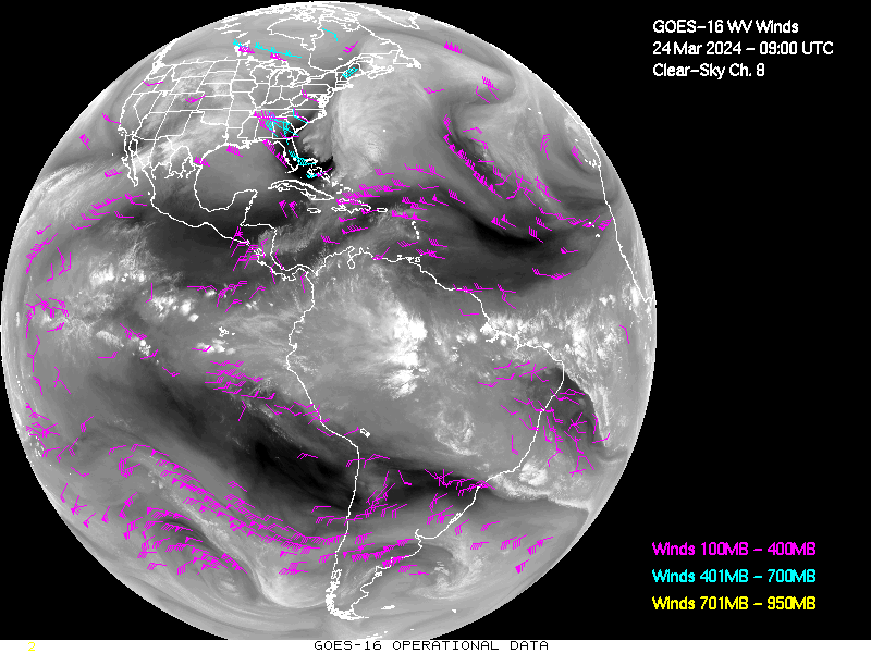 GOES-16 Clear Sky WV Channel 8 Derived Winds - Full Disk - 03/24/2024 - 0900 GMT