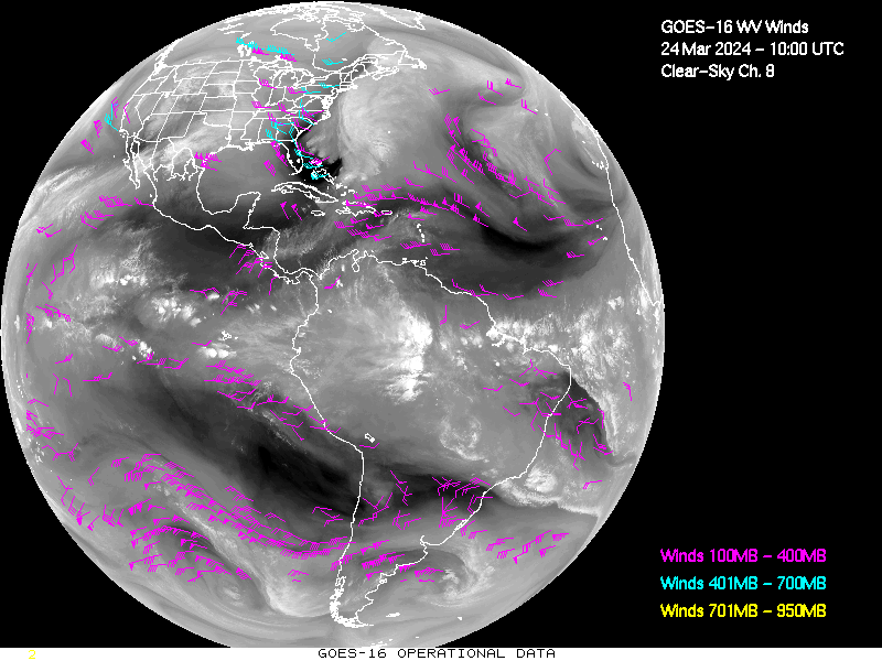 GOES-16 Clear Sky WV Channel 8 Derived Winds - Full Disk - 03/24/2024 - 1000 GMT