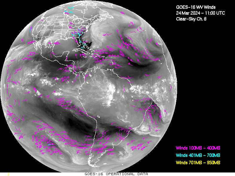 GOES-16 Clear Sky WV Channel 8 Derived Winds - Full Disk - 03/24/2024 - 1100 GMT