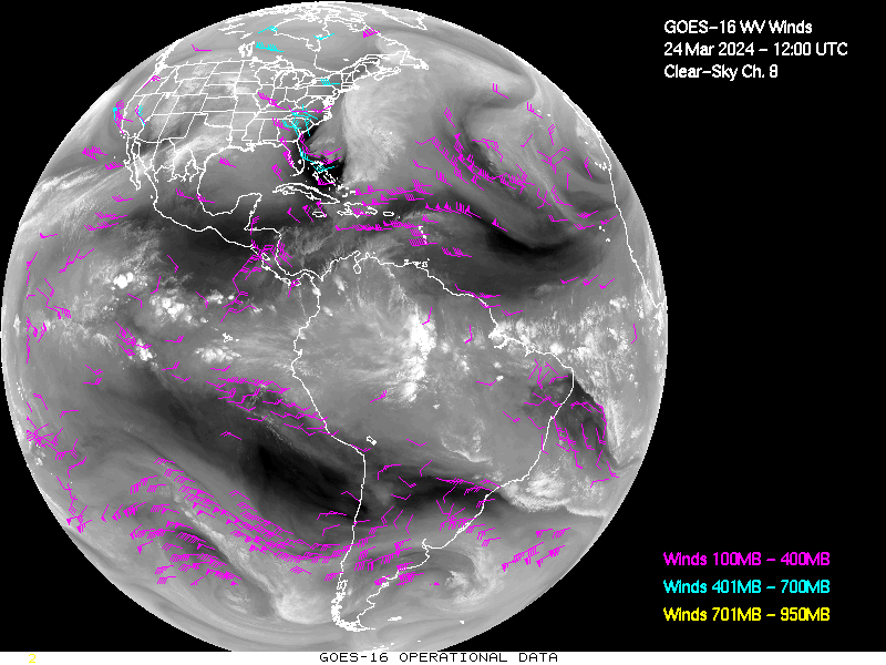 GOES-16 Clear Sky WV Channel 8 Derived Winds - Full Disk - 03/24/2024 - 1200 GMT