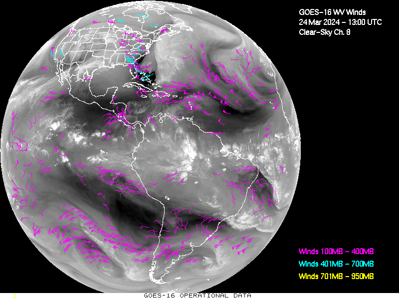 GOES-16 Clear Sky WV Channel 8 Derived Winds - Full Disk - 03/24/2024 - 1300 GMT