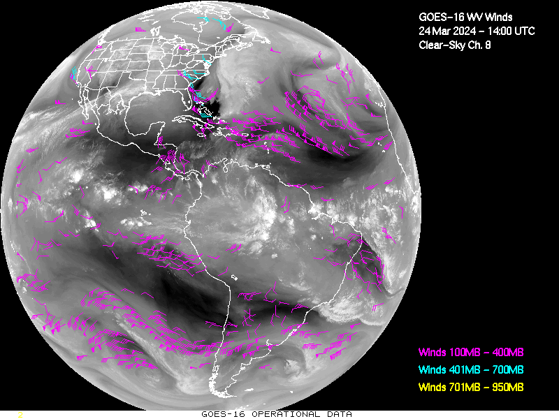 GOES-16 Clear Sky WV Channel 8 Derived Winds - Full Disk - 03/24/2024 - 1400 GMT